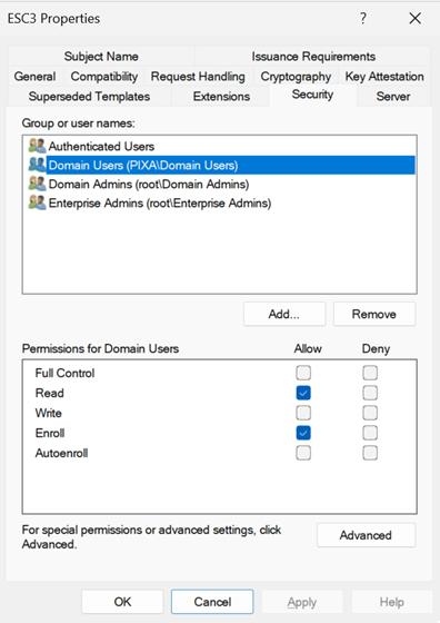 Certificate Template Properties dialog for the ESC3 template, Security tab. The Group or user names list shows Authenticated Users, Domain Users (PIXA\Domain Users) highlighted, Domain Admins, and Enterprise Admins. In the Permissions for Domain Users pane, the Allow checkboxes for Read and Enroll are both ticked.