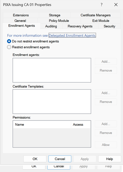 Certification Authority console, PIXA Issuing CA 01 Properties, Enrollment Agents tab. The "Do not restrict enrollment agents" radio button is selected. The Enrollment agents, Certificate Templates, and Permissions lists are all empty and greyed out.