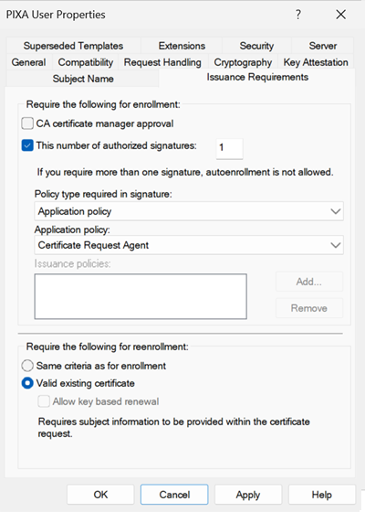 Certificate Template Properties dialog for a template named PIXA User, Issuance Requirements tab. The CA certificate manager approval checkbox is unchecked. The "This number of authorized signatures" checkbox is checked with a value of 1. Policy type required in signature is set to Application policy, and Application policy is set to Certificate Request Agent. Reenrollment requires a valid existing certificate.