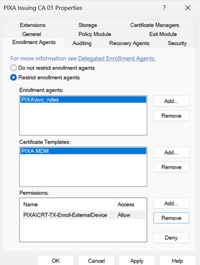 Certification Authority console, PIXA Issuing CA 01 Properties, Enrollment Agents tab. The "Restrict enrollment agents" radio button is selected. The Enrollment agents list contains one entry, PIXA\svc_ndes. The Certificate Templates list contains one entry, PIXA MDM. The Permissions list contains one entry, PIXA\CRT-TX-Enroll-ExternalDevice, with Access set to Allow.