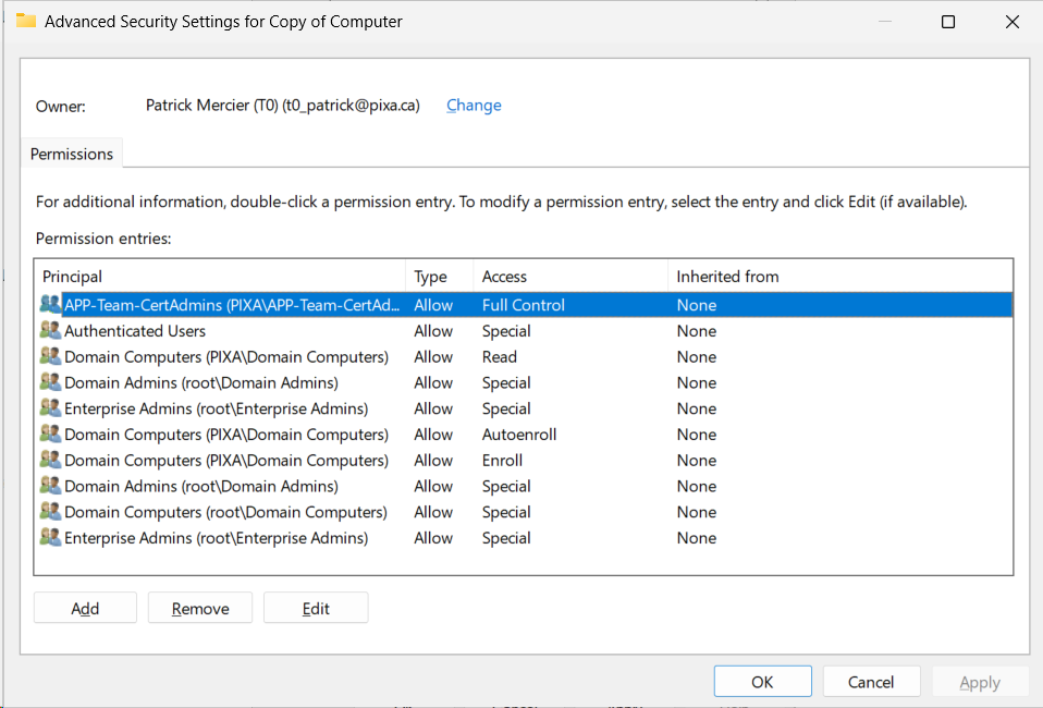 Screenshot of the Advanced Security Settings dialog for the ESC4 template, reached through Security then Advanced. The Permissions tab lists several entries. One entry, highlighted, grants Full Control to a group named App-Team-CertAdmins, applied to This object only. Authenticated Users has Read. Domain Admins and Enterprise Admins have Full Control. At the top of the dialog, the Owner field reads Domain Admins.